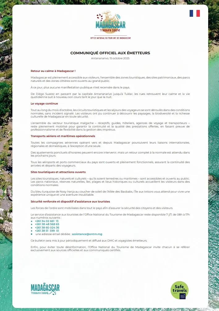 Official communication on the tourist security situation in Madagascar